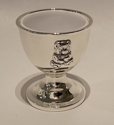 English Trousseau Silver Plated Egg Cup and Spoon with Bib Eierbecher Lätzchen