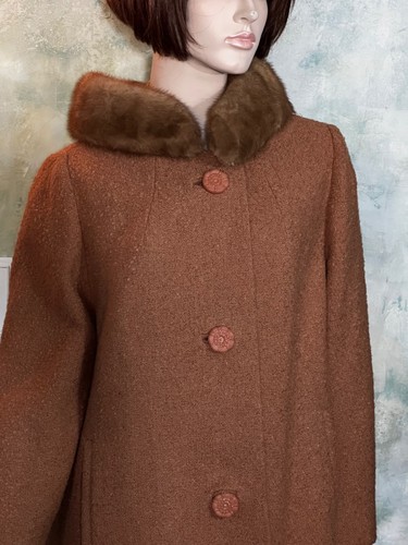 Vintage 50's Brown Wool Coat with Fur Collar by Mary Hawkins Sz. S/M - Picture 13 of 13