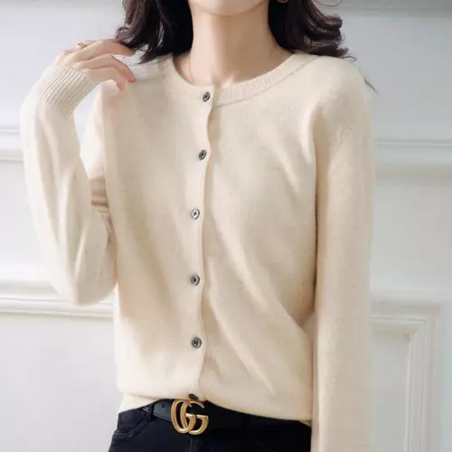 Cárdigan suéter simple de mezcla de cachemir para mujer color liso cuello redondo chaqueta abrigo - Imagen 18 de 37
