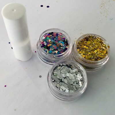 FESTIVAL FACE/BODY KIT 5ml KLEBER 3 x 5g CHUNKY GLITTER MIX GOLD SILBER MULTI