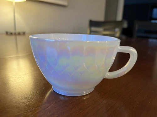 Federal Glass Diamond Point Moonglow Iridescent Coffee Mugs (4) USA Vintage