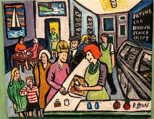Original Northern Art Oil Painting Phil Lewis 8" X 10" BUSY CHIP SHOP - Picture 2 of 2