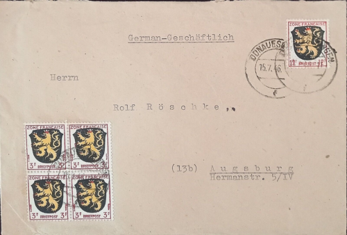 Germany 1946 COVER sent from Donaueschingen to Augsburg franked with Multistamps - Picture 1 of 2