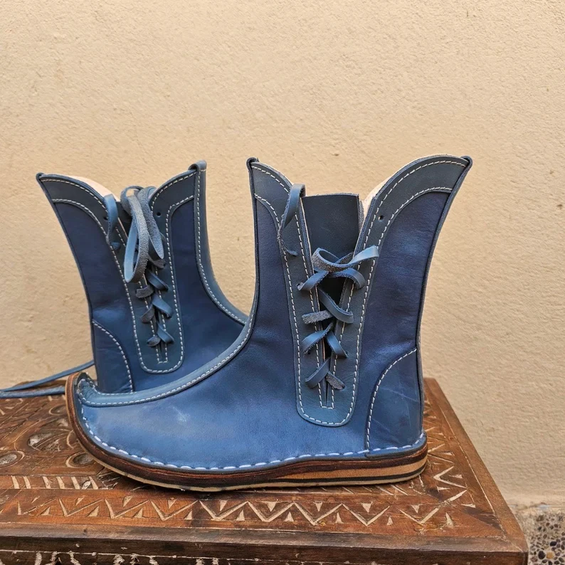 Botas Medievales de Cuero de Cuero Renacimiento Hombres Botas Disfraz Zapatos Halloween Foto 2 de 2