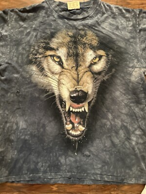Vintage The Mountain Big Face Wolf Shirt Leather Tag Blue Tie Dye