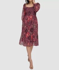 Vince Camuto Women's Red Chiffon Floral Smocked Square Neck Dress Size 12
