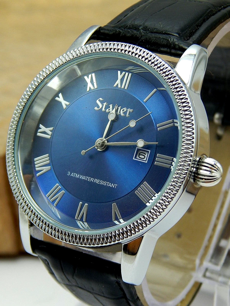 New Stauer Quartz Blue Dial Gents stainless steel Date watch ref