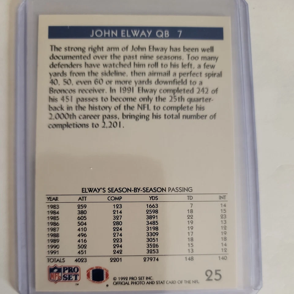 1992 Pro Set - Milestone #25 John Elway - Image 2 of 2