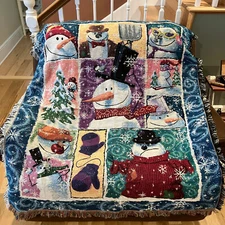 Mohawk Home Woven Tapestry Throw Blanket Vintage USA Christmas Snowman