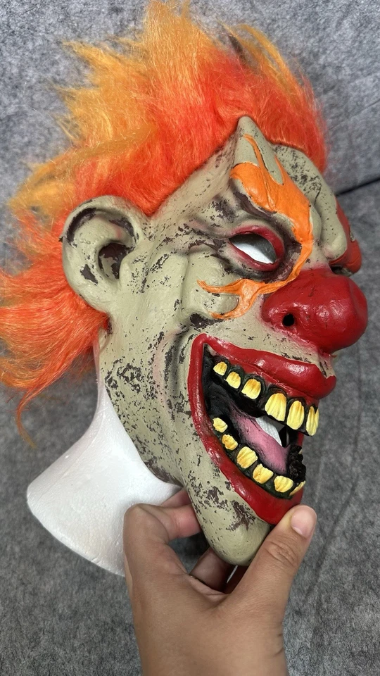Adult Halloween Clown Mask Latex Horror Orange Hair Flame Eyes Scary Party - Image 3 of 4