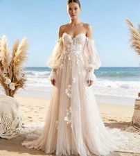 Glam Champagne Beach Wedding Dress Sweetheart Tulle Sheer Long Sleeves
