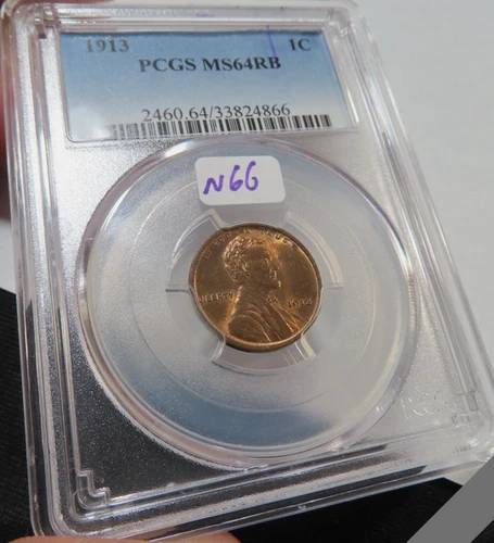 :1913-P 1C LINCOLN CENT NEAR GEM PCGS MS 64 RB RARITY R3 LOW POP HIGHEST GRADES