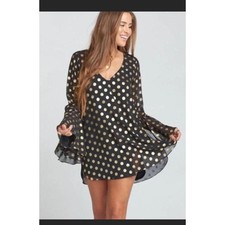 Show Me Your Mumu Black Gold Polka Dot Bell Sleeve Mini Dress V-Neck Small