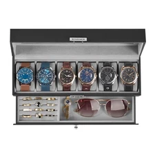 6-Slot Watch Box Lockable Watch Case with Glass Lid 2 Layers with 1 Drawer fo...
