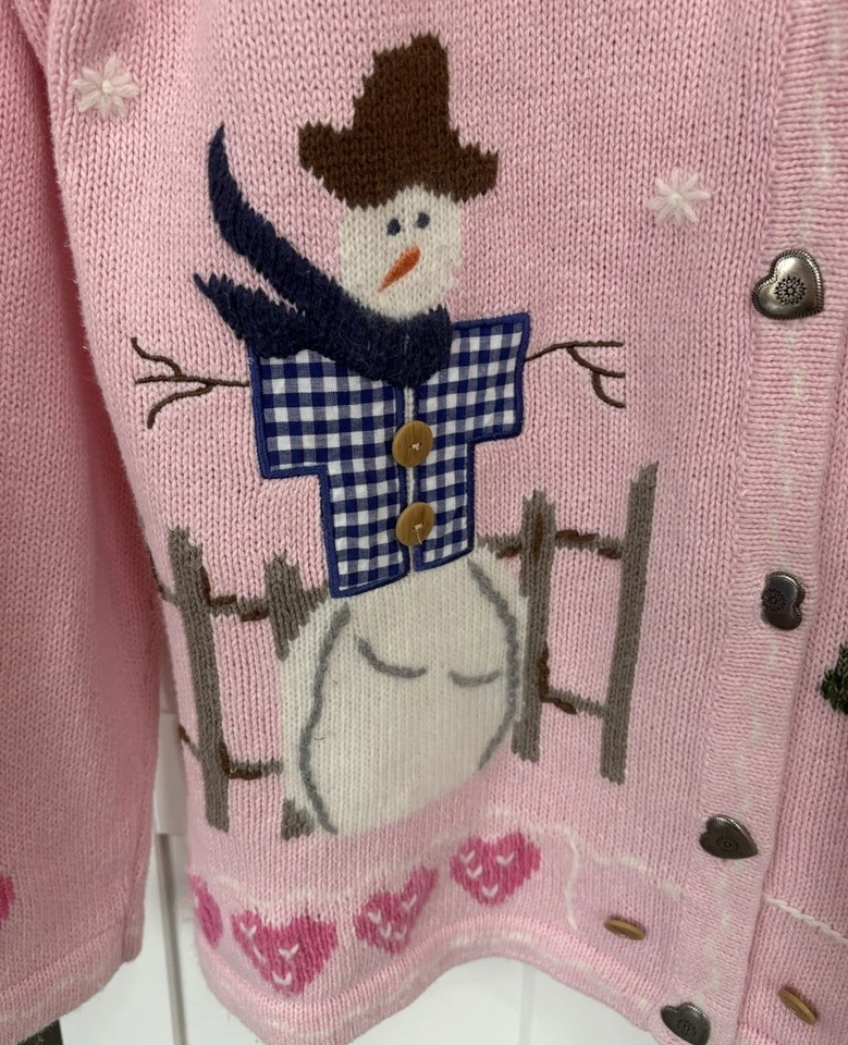 Vintage The Quacker Factory Snowman Pink Sweater Cardigan Size Small Embroidered - Image 3 of 4