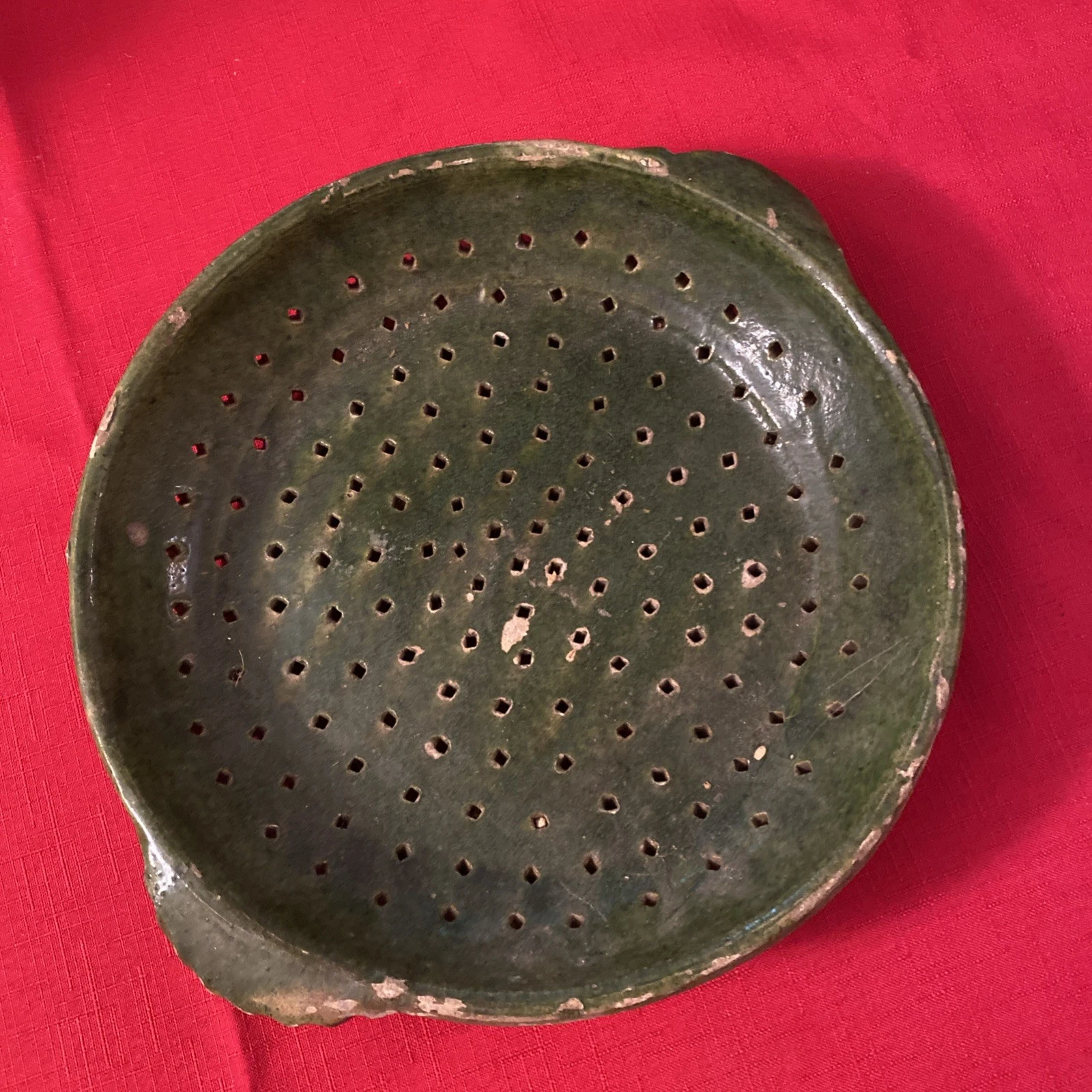 Antique French pottery Green Glazed strainer /colander 19th century