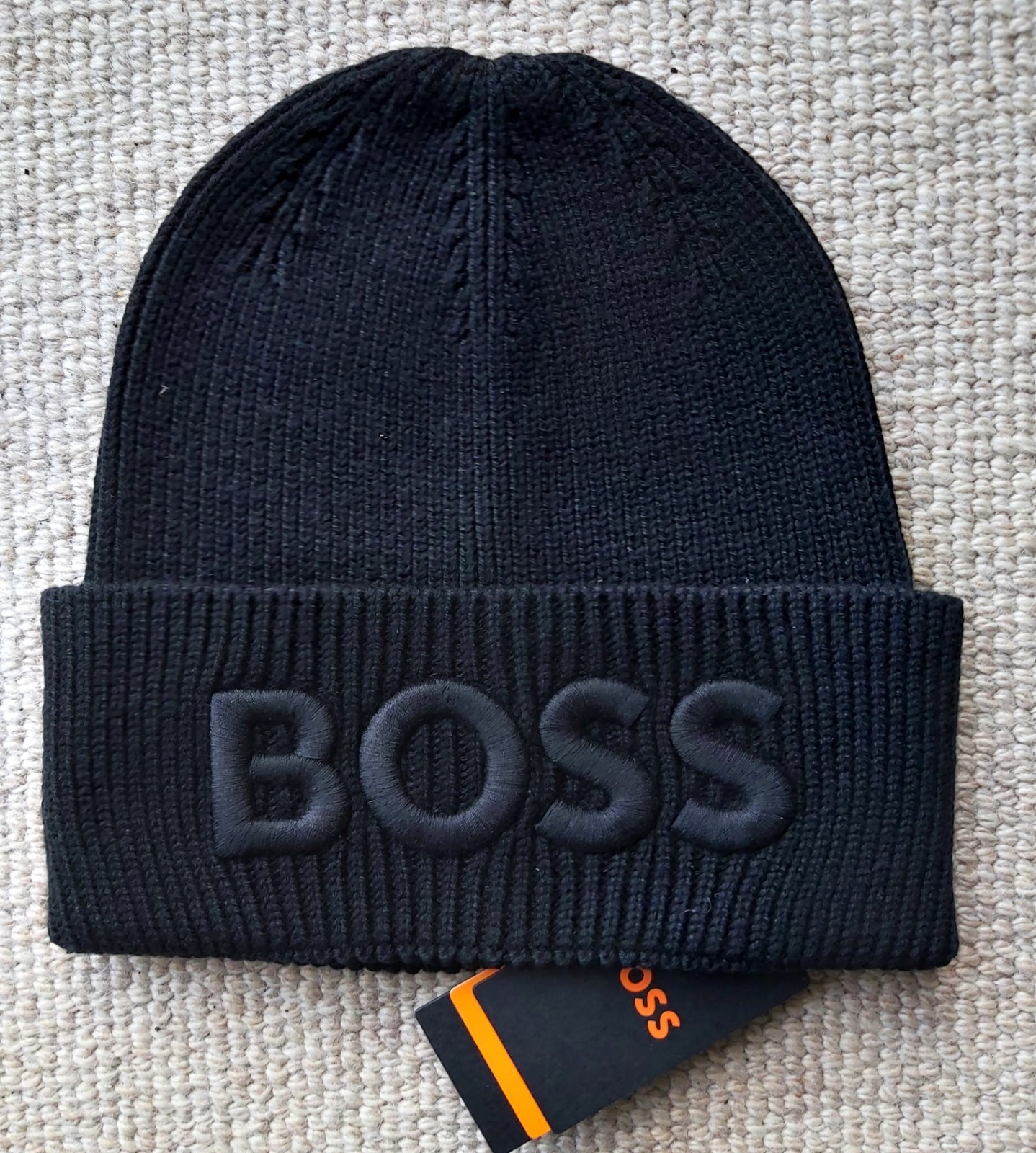 Genuine HUGO BOSS Jet Black 10% Wool Embroidered Logo BEANIE 50476440