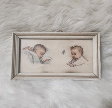 Vintage Kunst Adelt Lithograph Genevieve Framed Nursery Baby Print 8in x 4in