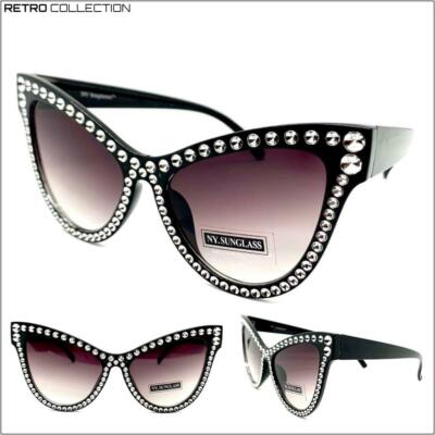 OVERSIZED EXAGGERATED RETRO Bling Cat Eye Style SUNGLASSES Large Big Black Frame