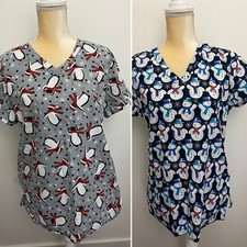 2 Willow Brook MEDIUM M Scrub Tops - Winter Snowflakes Snowman Penguins Skating