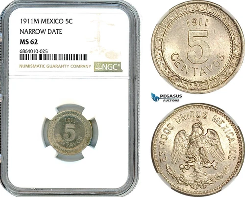 AI822, Mexico, 5 Centavos 1911 M, Narrow Date, NGC MS62