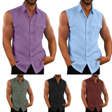 Mens Sleeveless Tank-Top Button Down Shirt Vest Casual Fashion Breathable ⌒↷