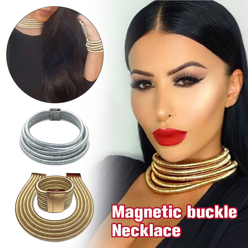 Set Bracciale Collana Donna Stile Africano Calamita Bottone Girocollo Gioielli Moda