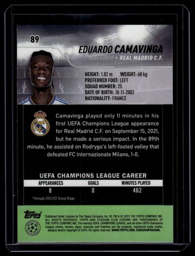 2021-22 Stadium Club Chrome UEFA Champions League #89 Eduardo Camavinga - Picture 2 of 2