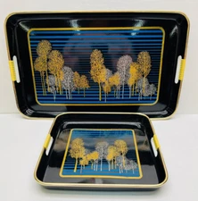 2 piece nesting trays black laquer toyo japan trees blue design