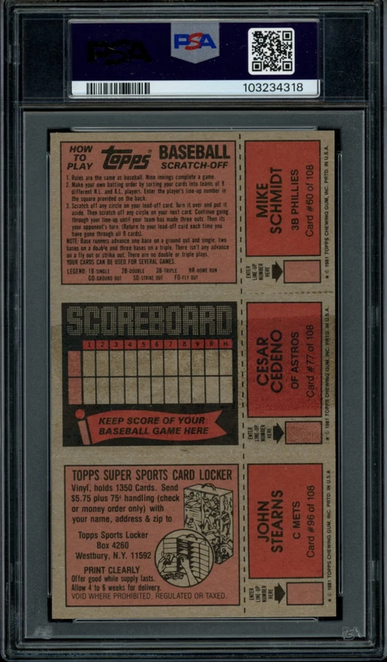 Mike Schmidt PSA 8 ST 1981 Topps rasguño Cesar Cedeño John Stearns Foto 2 de 2