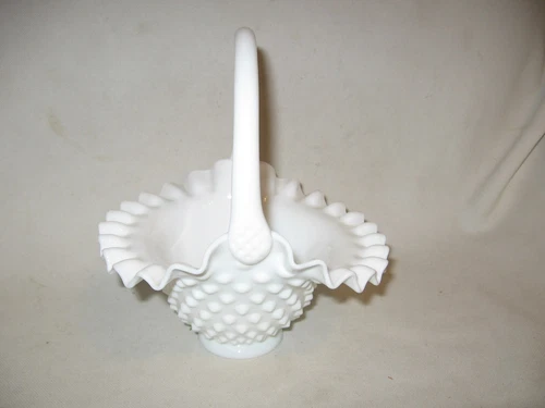 vintage Fenton White hobnail ruffle edge basket Easter / May Day