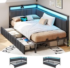 Twin Size Daybed Corner Bed Frame with Led Lights,Charging Station,2 Drawers