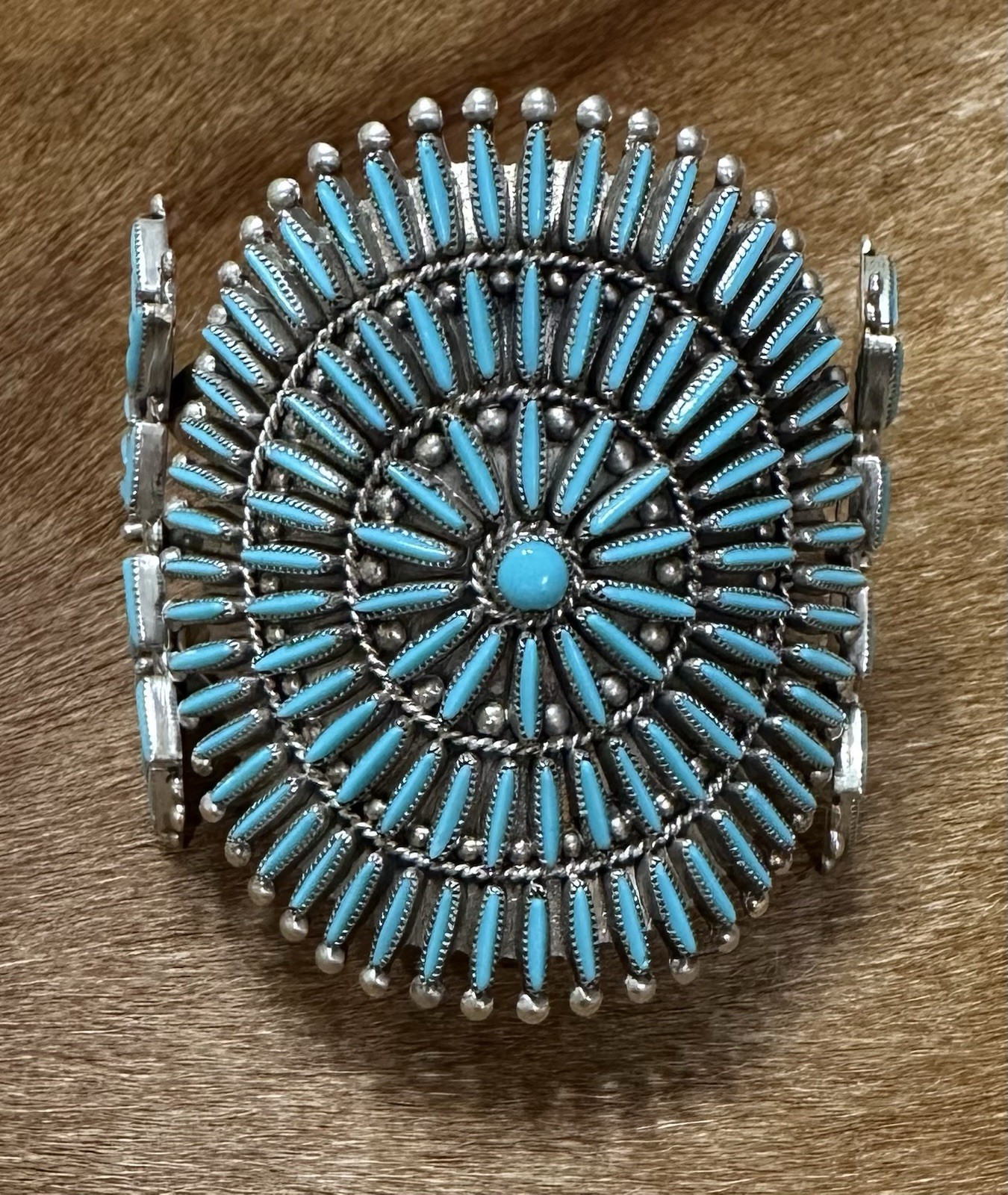 Native American Sterling Silver Zuni Needle Point Turquoise Cuff Bracelet