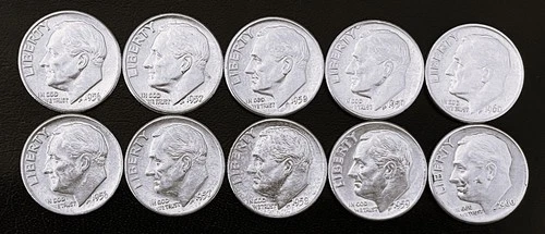 (Lot of 10) Roosevelt SILVER Dimes. Set 1956-60  P&D.  XF/AU/BU   (R004)