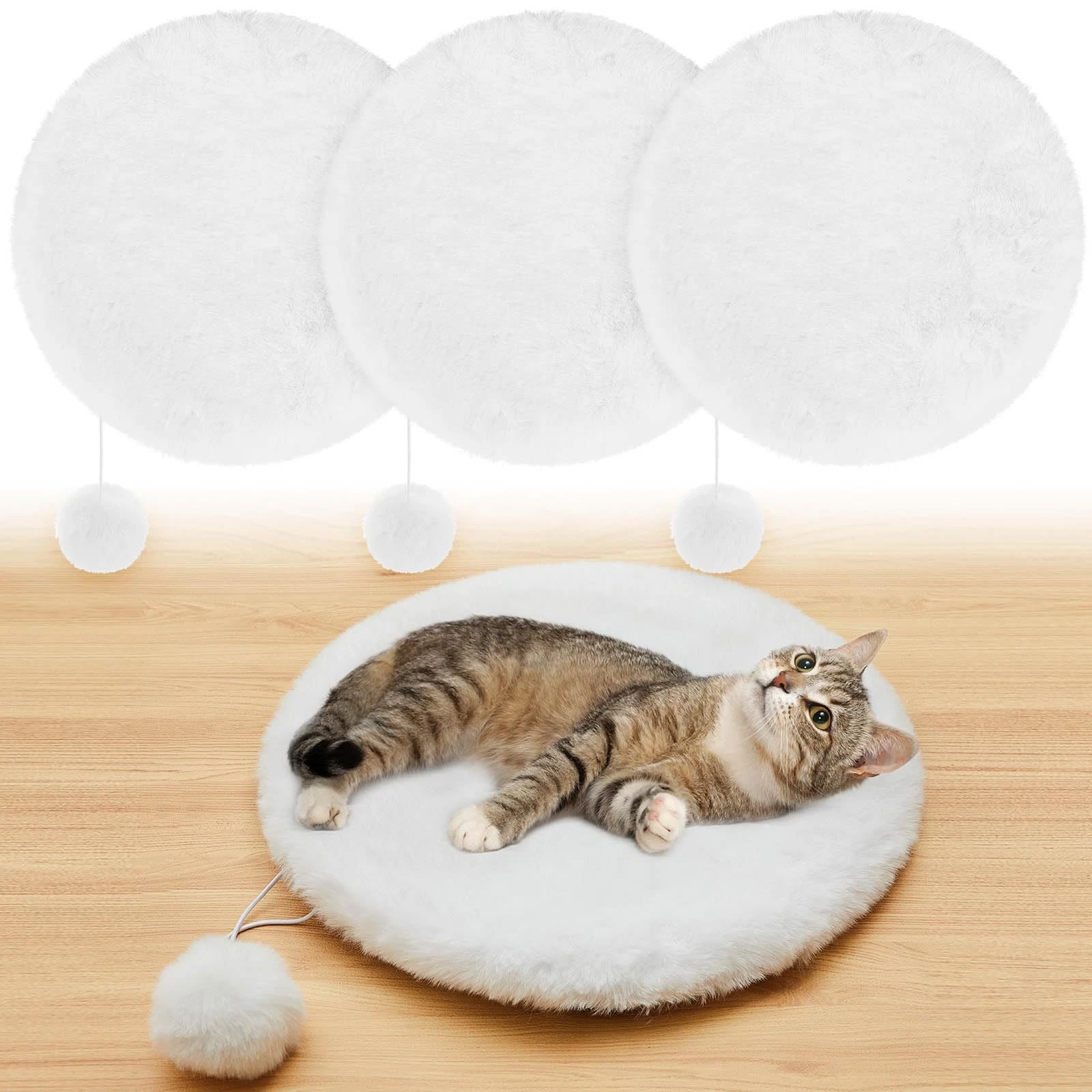 3 Pack 14" Round Cat Dog Bed Cushion Pad Mat Faux Rabbit Fur Pet Sleeping Mat...