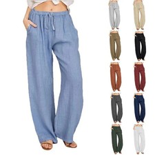 Women's Cotton Linen Pants Casual Loose Solid Elastic Waist Pocket Straight Trou