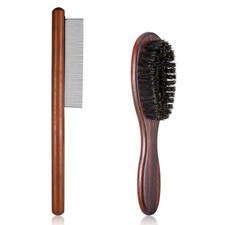 Bristle Cat Brush and Comb with Wooden Handle Soft Grooming Brush for