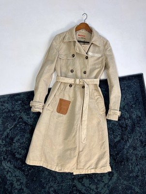 PRADA Tan Cotton Linen Double Breasted Belted Trench Coat 44 Leather Patch Logo