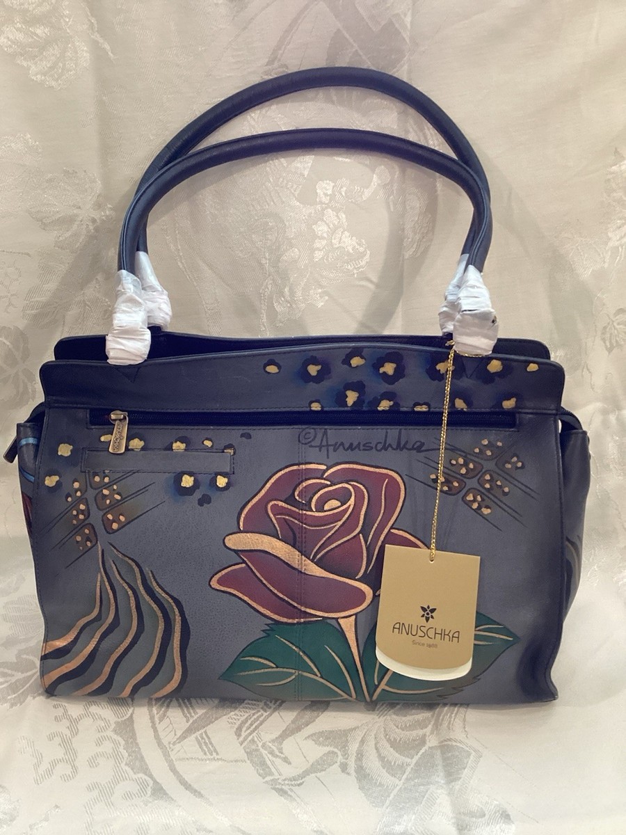 Anuschka Leather Shopper Shoulder Tote Bag Rose Safari Grey Zip