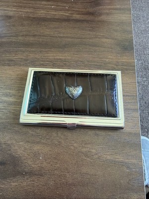 Vintage Silver BRIGHTON Business Card Holder Wallet Credit ID Leather Heart LOVE