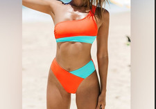 CUPSHE Bikini Set/Colorblock/Asymmetrical/One Shoulder/Top M Bottom L 