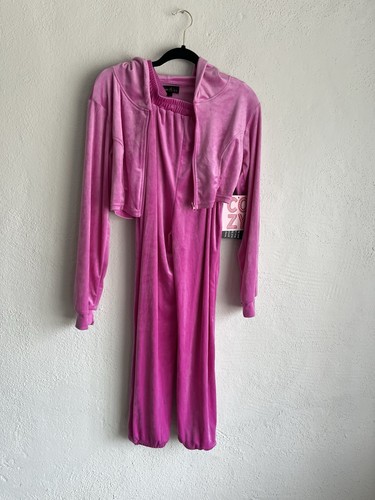Vivre La Vie Velvet Pink Y2K Jogger and Crop Hooded Sweatshirt Set, Size L