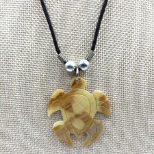 Vintage Carved Turtle Pendant Necklace Faux Shell Cord 20" Beach Boho Tropical
