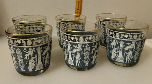 Jeanette Glass Company Hellenic Pattern Glasses. Set of Six. Blue. Vintage