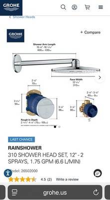 310 SHOWER HEAD SET, 12'' - 2 SPRAYS, 1.75 GPM (6.6 L/MIN)