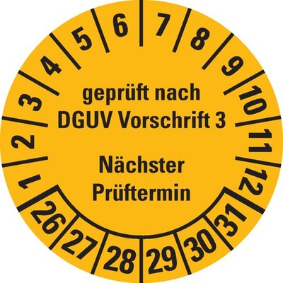 Prüfplakette geprüft nach DGUV Nächster Prüftermin 26-31,gelb,Ø25mm,500Stk/Rol