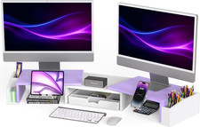 Desk Dual Monitor Stand Riser with Drawer,Built-In Phone Tablet Holder- Purple