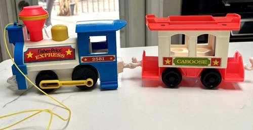 Vintage Fisher Price Express Train 2581 Engine + Caboose 2pc Lot