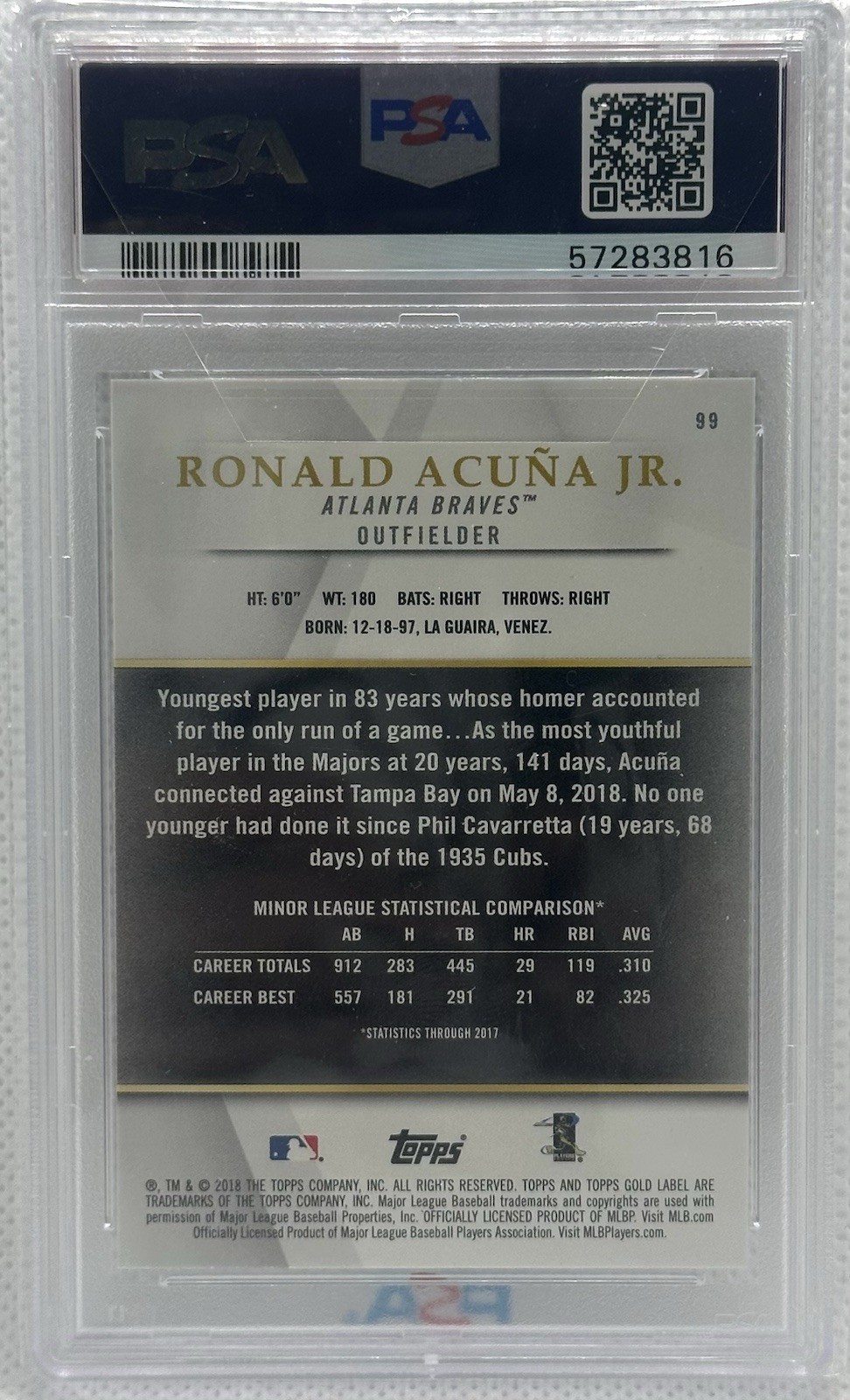 x 2018 Topps Gold Label Ronald Acuna Jr CLASS 1 RC #99, Atlanta Braves, PSA 10 view 2