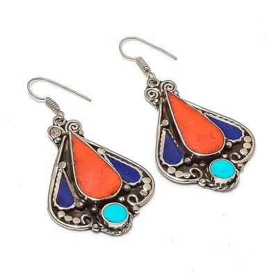 Boucles d'oreilles corail turquoise lapis lazuli bijoux tibétains vintage nép... - Photo 1/4